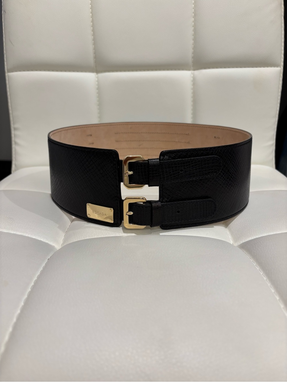 Escada Black Wide Double-Buckle Leather Waist Belt with Gold Hardware